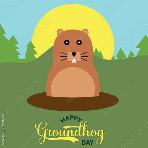 Happy Groundhog Day greeting card with hand drawn lettering and cute groundhog . Vector illustration. EPS 10