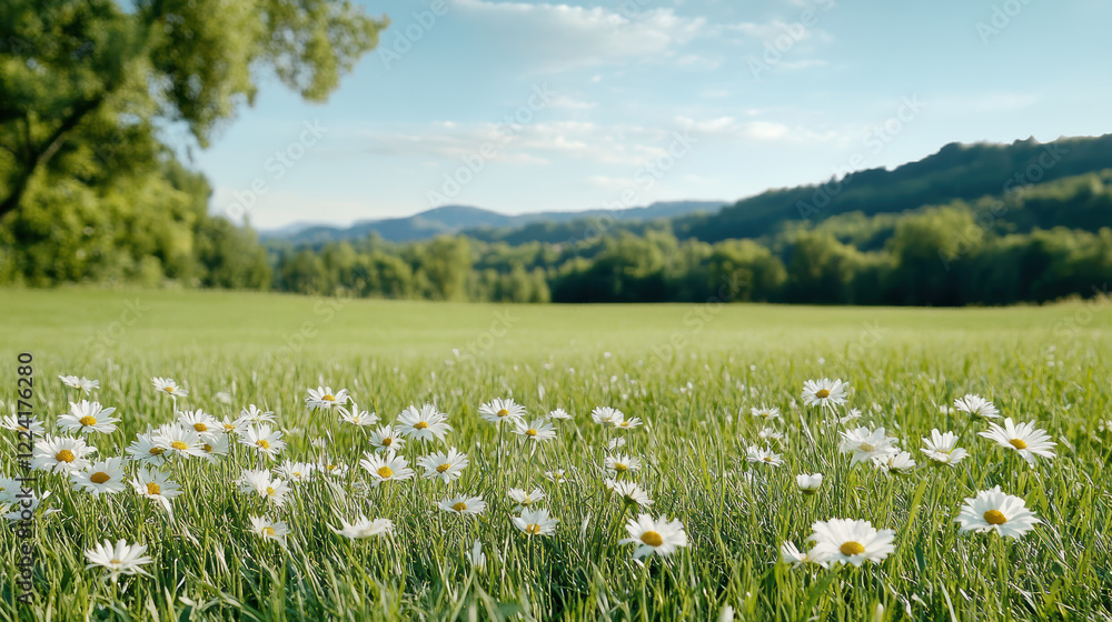 serene field of daisies blooming in lush green grass under clear sky serene field of daisies blooming in lush green grass under clear sky
