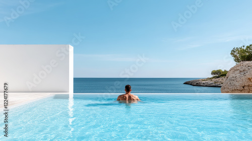 serene minimalist pool scene with lone swimmer enjoying view