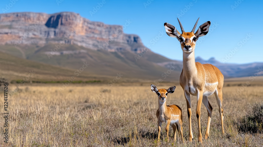 Fototapeta premium mother antelope and her calf bonding in serene landscape