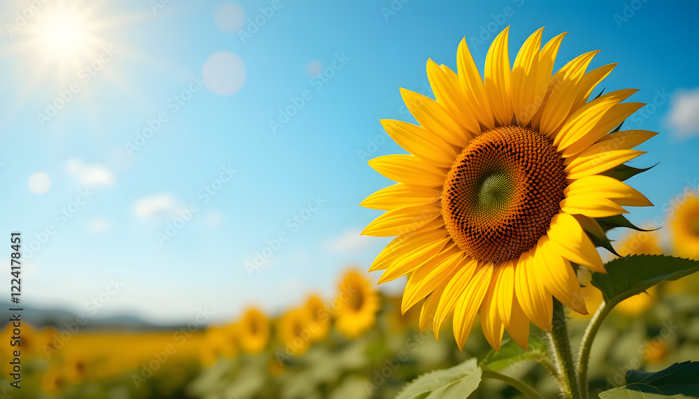 Obraz premium Single sunflower in field, sunny day.