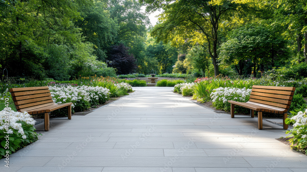 serene park path with benches surrounded by blooming flowers and greenery serene park path with benches surrounded by blooming flowers and greenery