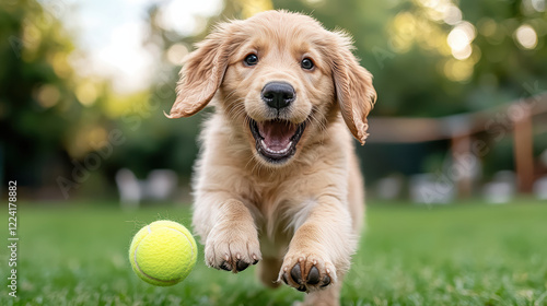 playful puppy joyfully chasing bouncing tennis ball in sunny park