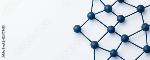 A geometric network structure with blue nodes and connections, symbolizing data or molecular frameworks against a minimalistic background.