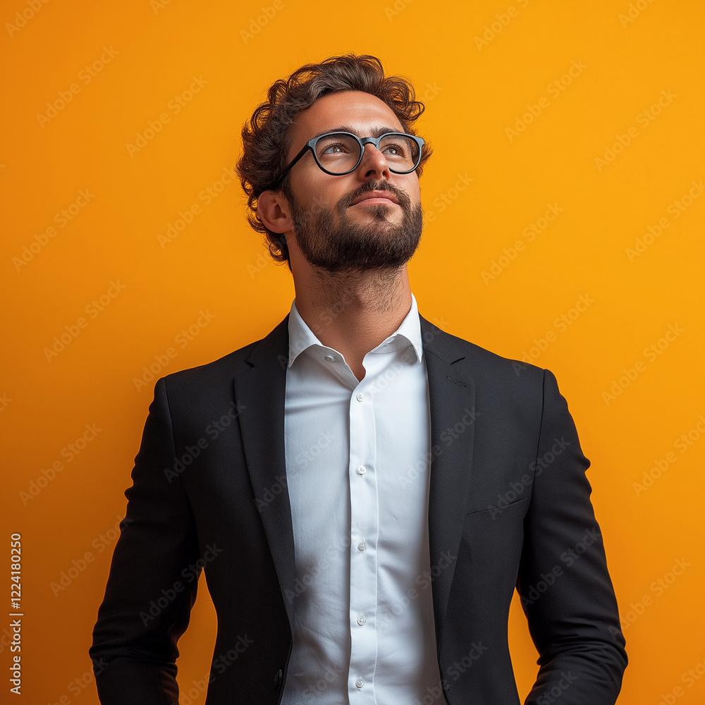 Happy business man executive standing looking and dreaming of future business success, thinking of new goals, business vision and leadership concept on orange background Happy business man executive standing looking and dreaming of future business success, thinking of new goals, business vision and leadership concept on orange background