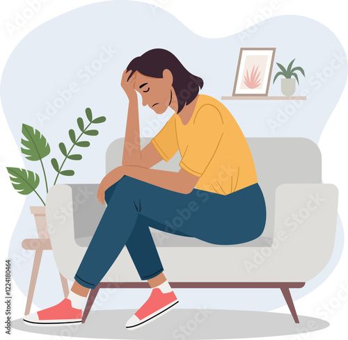 Women have a headache. The art style is flat vector