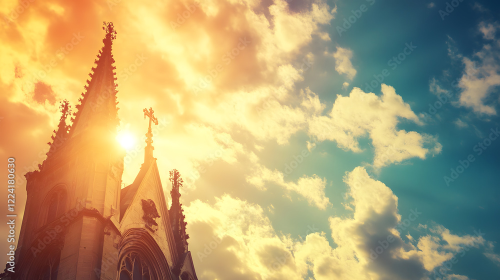 Fototapeta premium Dramatic Sunset Over Gothic Cathedral Spire with Vibrant Sky and Clouds : Generative AI