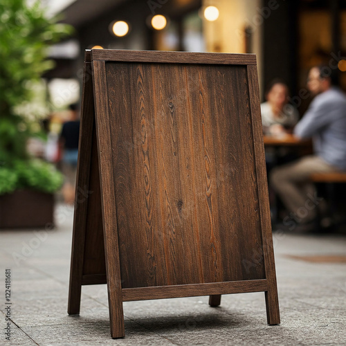 Empty wooden menu board in front of the Coffee Shop or restaurant in blurry background photo