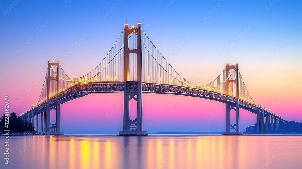 Fototapeta premium Illuminated suspension bridge at sunset, calm water, travel postcard