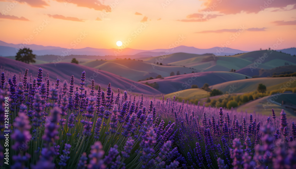 Fototapeta premium Sunset over rolling hills of lavender.