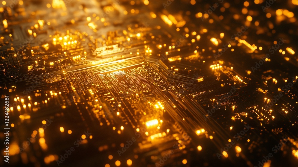 Naklejka premium Glowing golden circuit board, close-up view.