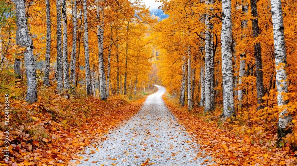 Fototapeta premium Autumnal gravel road through golden birch forest