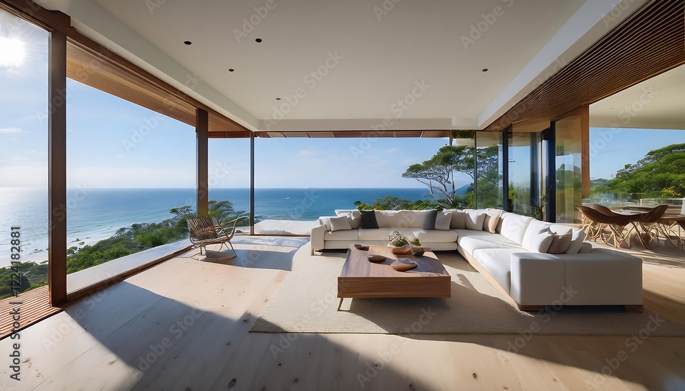 Fototapeta premium Modern oceanfront home with a sleek interior. Floor-to-ceiling windows showcase panoramic coastal views, blending luxurious living with natural beauty. Contemporary furniture complements the clean