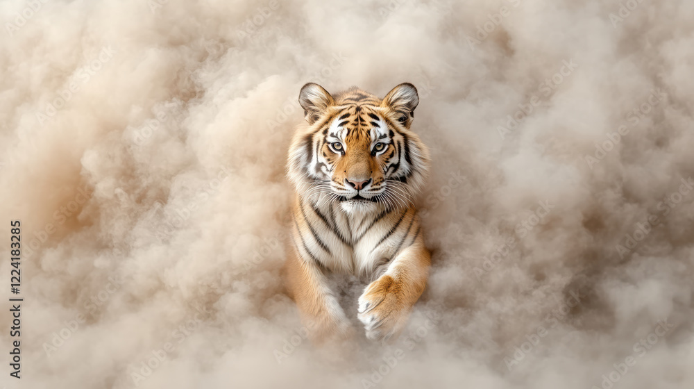 Fototapeta premium tiger navigating through dense fog, showcasing its strength and grace