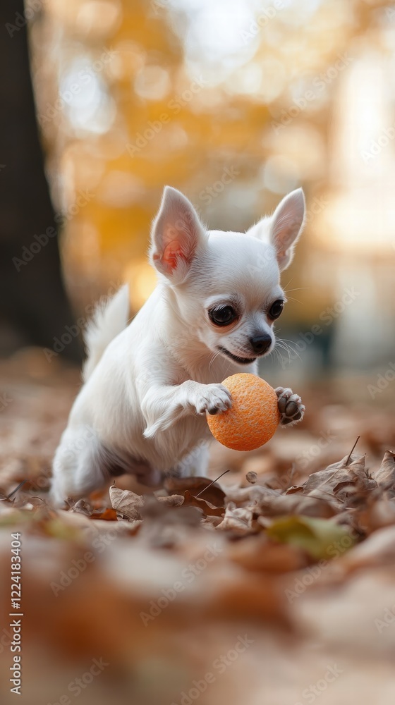 A white chihuahua is playing with a ball. In the yard A white chihuahua is playing with a ball. In the yard