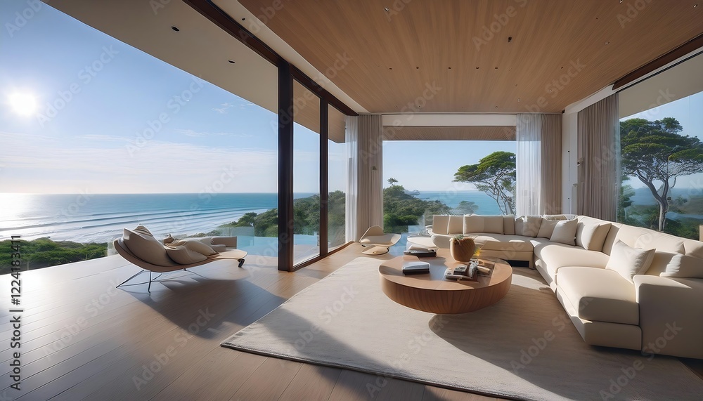 Fototapeta premium Modern oceanfront home with a sleek interior. Floor-to-ceiling windows showcase panoramic coastal views, blending luxurious living with natural beauty. Contemporary furniture complements the clean