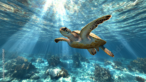 Wallpaper Mural turtle swimming gracefully underwater with light rays illuminating scene Torontodigital.ca
