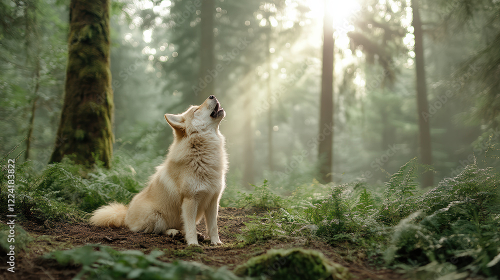 Naklejka premium wolf howling in serene forest clearing, surrounded by tall pine trees