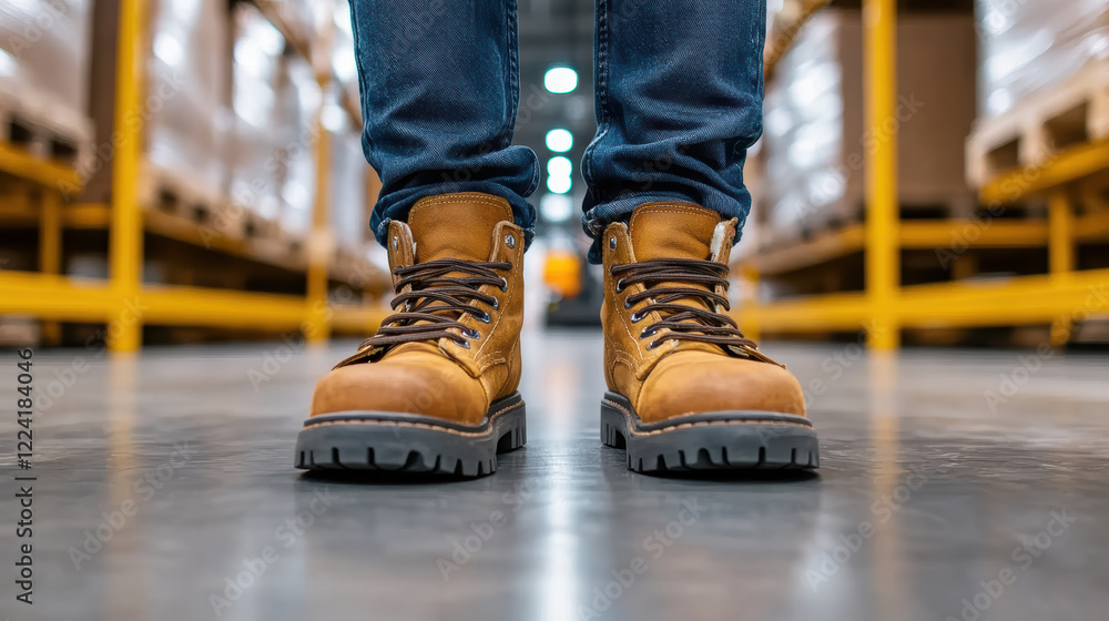 Obraz premium Work boots on warehouse floor, showcasing durability and safety