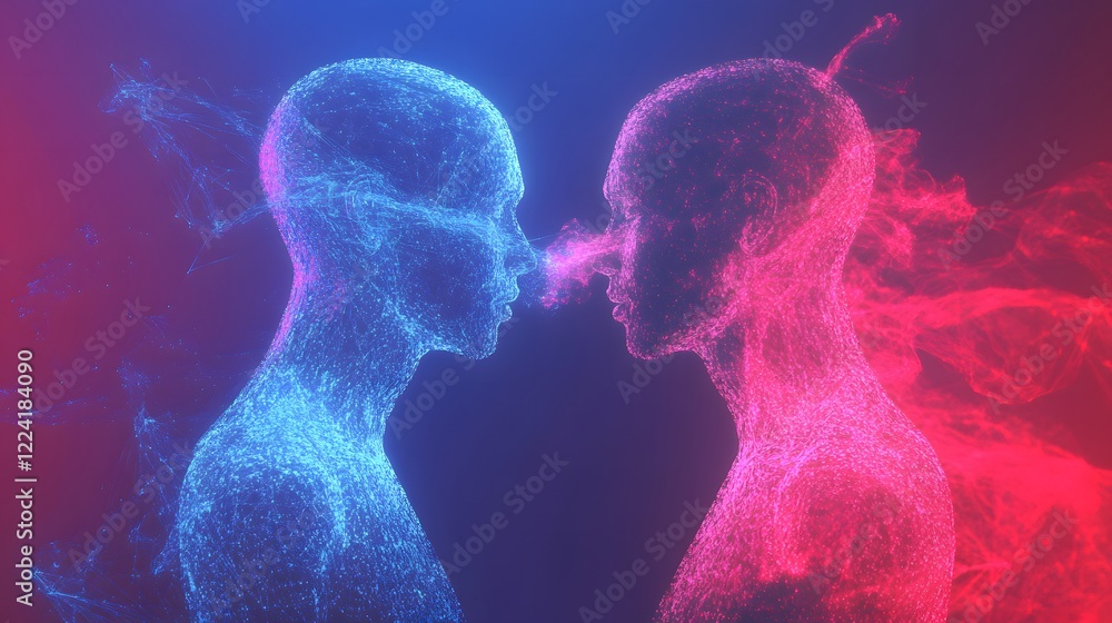 Two abstract human figures connected by a glowing bond, symbolizing unity and connection in a minimalist design Two abstract human figures connected by a glowing bond, symbolizing unity and connection in a minimalist design