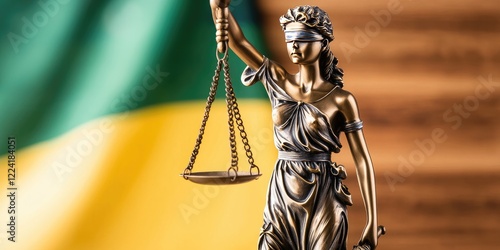 A statue of Lady Justice, blindfolded, holding scales, set against a green and yellow background, symbolizing fairness and the rule of law.