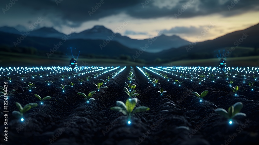 Fototapeta premium Futuristic Agricultural Technologies for Controlled Seed Dispersing in a Serene Mountain Landscape
