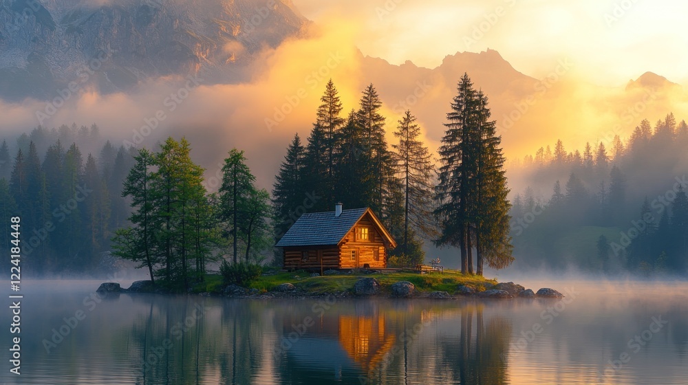 Fototapeta premium Sunrise cabin lake, misty mountains, calm