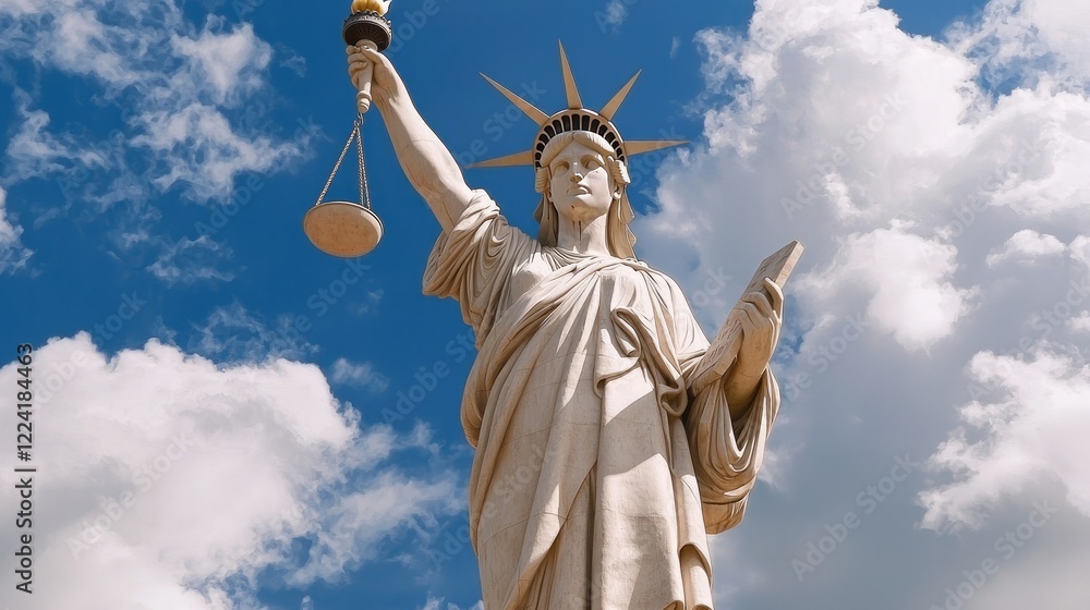 Obraz premium A majestic statue of Lady Justice holds scales and a sword, symbolizing law and order against a backdrop of blue skies and fluffy clouds.