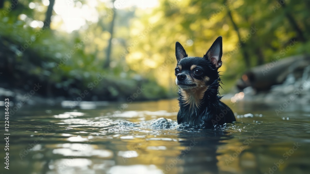 Black Chihuahua playing in a clear stream, green forest in the background Black Chihuahua playing in a clear stream, green forest in the background