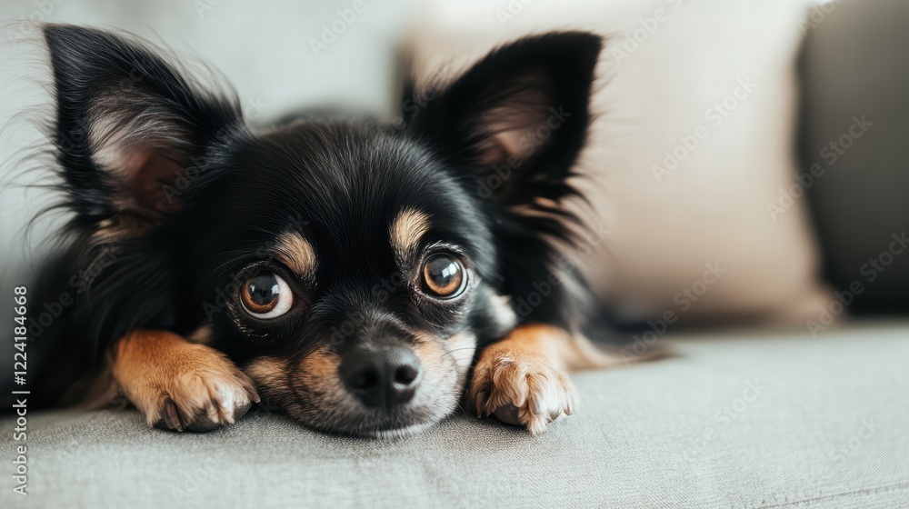A black chihuahua is looking sadly in the living room A black chihuahua is looking sadly in the living room