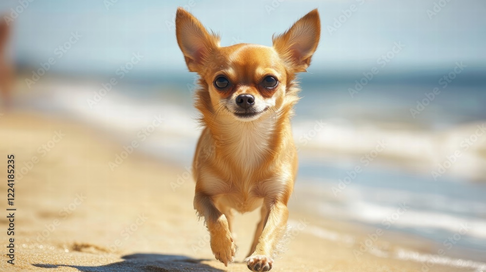 Chihuahua walking on the beach, clear blue sea, golden sand Chihuahua walking on the beach, clear blue sea, golden sand