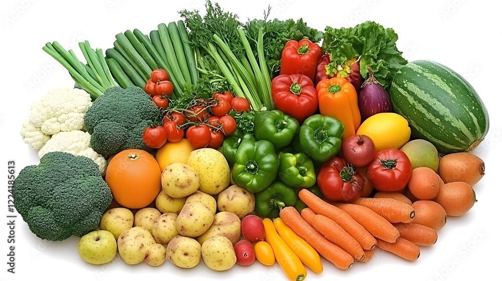 Vibrant still life of fresh fruits and vegetables, celebrating natural abundance and healthy living Vibrant still life of fresh fruits and vegetables, celebrating natural abundance and healthy living