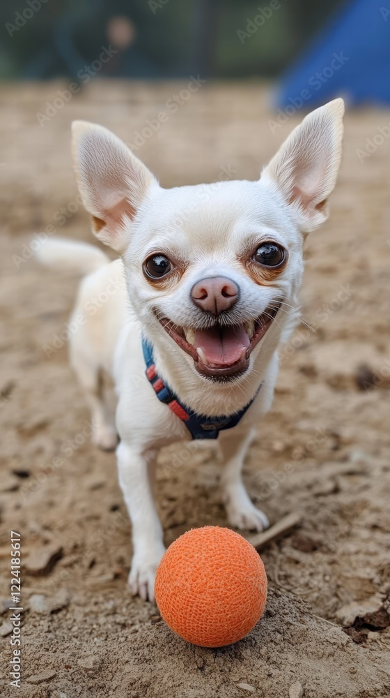 A white chihuahua is playing with a ball. In the yard A white chihuahua is playing with a ball. In the yard