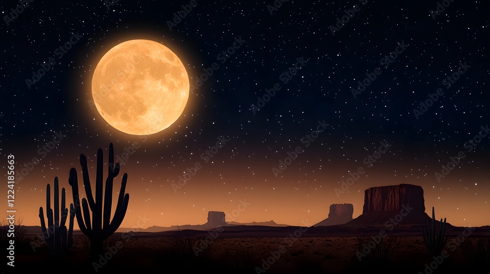 Silhouetted Cacti Against a Golden Full Moon in a Starry Night Sky Over an Arid Landscape Silhouetted Cacti Against a Golden Full Moon in a Starry Night Sky Over an Arid Landscape