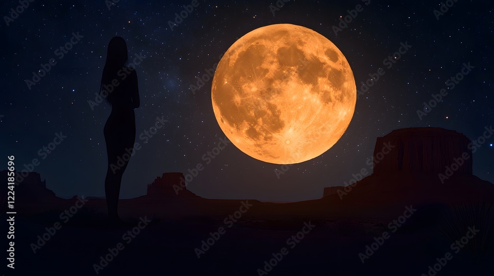 Silhouetted Cacti Under a Golden Full Moon in a Night Sky with Stars and Dark Desert Landscape Silhouetted Cacti Under a Golden Full Moon in a Night Sky with Stars and Dark Desert Landscape