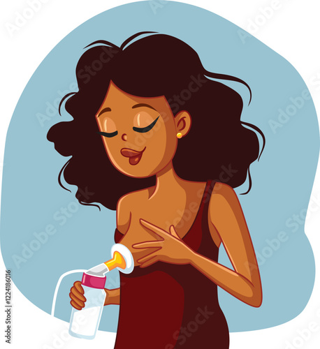 
Young Mother Pumping Her Breast Milk Vector Illustration. Happy new mom trying to feel her baby with medical device supporting her