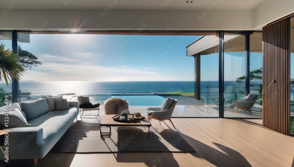 Fototapeta premium Modern oceanfront home with a sleek interior. Floor-to-ceiling windows showcase panoramic coastal views, blending luxurious living with natural beauty. Contemporary furniture complements the clean