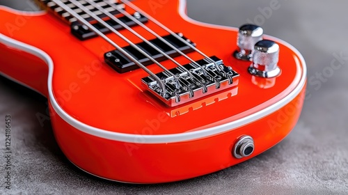 Vibrant red electric bass guitar body resting on a grey textured surface in soft natural light.