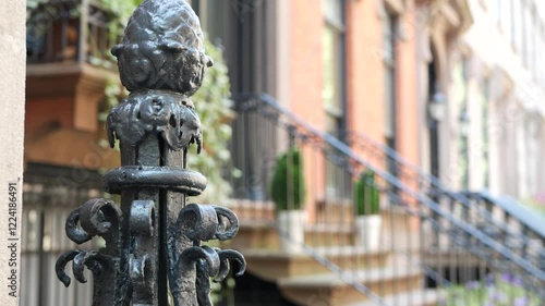 New York City townhouse building, Brooklyn Heights residential district, USA. Brownstone urban architecture, attached house. United States real estate, american property, apartments and homes in NYC.