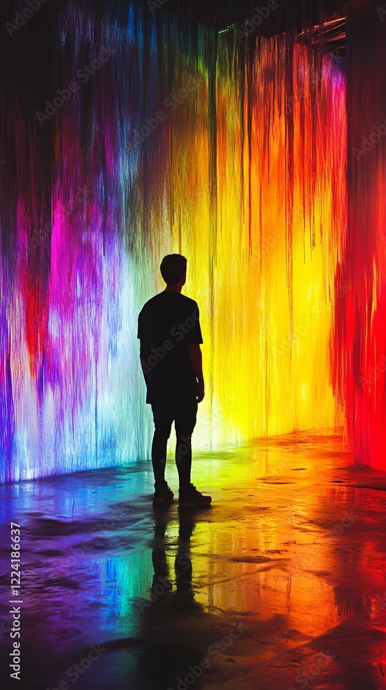 Silhouette of a Person in a Vibrant, Colorful Art Installation with Cascading Lights Silhouette of a Person in a Vibrant, Colorful Art Installation with Cascading Lights