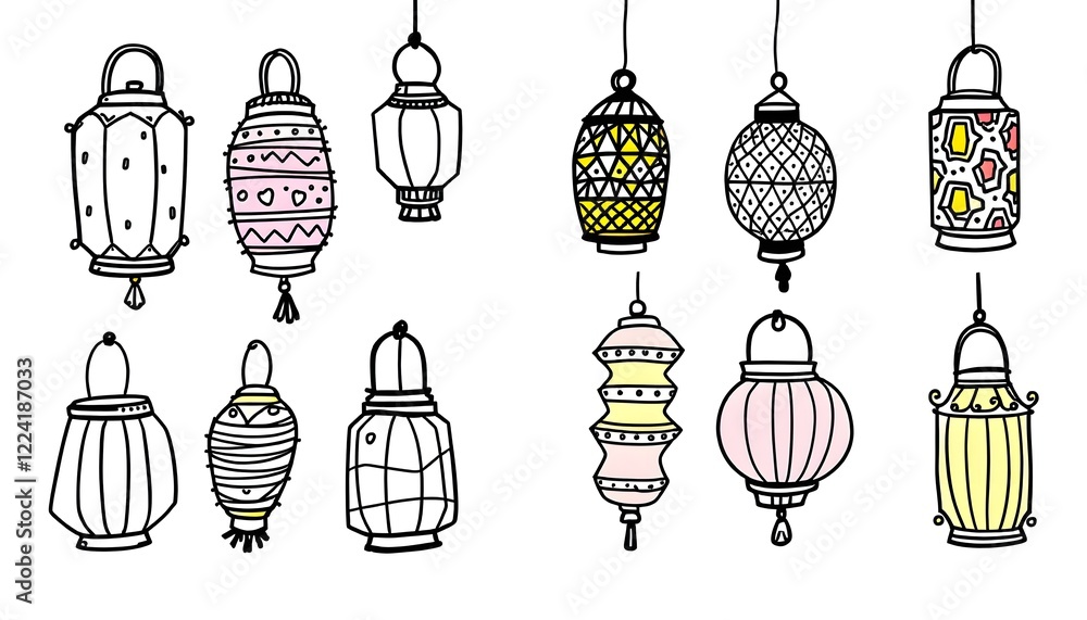 Cute Hanging Lanterns Collection Doodle Art Print Cute Hanging Lanterns Collection Doodle Art Print