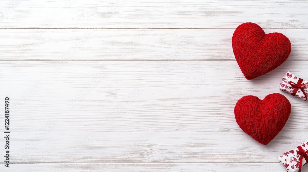 Minimalistic Valentine's Day Background with Cozy Red Hearts and Gifts on Rustic White Wooden Surface Minimalistic Valentine's Day Background with Cozy Red Hearts and Gifts on Rustic White Wooden Surface