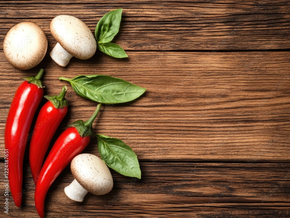 Fresh Mushrooms and Chili Peppers with Green Basil on Wood Surface Fresh Mushrooms and Chili Peppers with Green Basil on Wood Surface