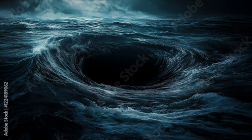 A pitch-black void at the center of an ocean, surrounded by turbulent waves and swirling waters.