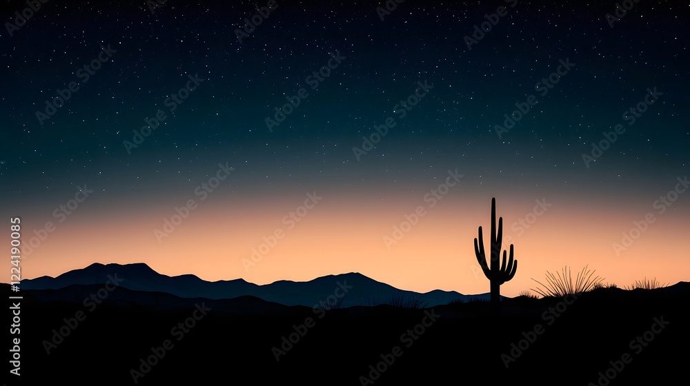 Silhouetted Cacti Against a Colorful Gradient Twilight Sky with Stars in a Desert Landscape Silhouetted Cacti Against a Colorful Gradient Twilight Sky with Stars in a Desert Landscape
