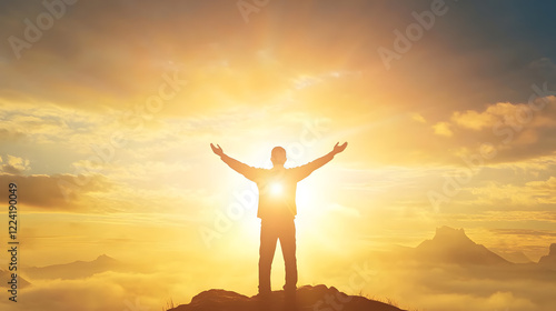 Wallpaper Mural Silhouette of a Person Embracing Sunlight at Sunrise on a Mountain Peak : Generative AI Torontodigital.ca