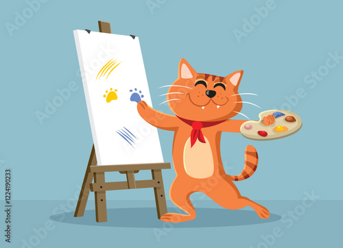 Happy Cat Painting with its Paws on a Canva Vector Character. Cheerful artistic domestic animal creating an artwork
