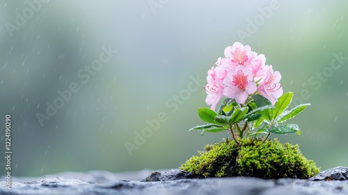 Pink rhododendron blooms in rain, mossy rock, blurred background; nature scene for websites photo