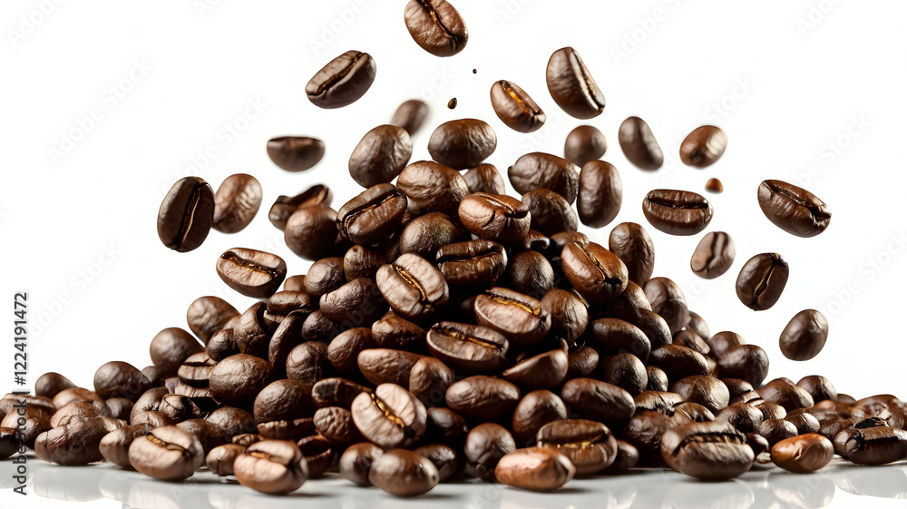 Obraz premium Falling Coffee Beans Isolated on White Background