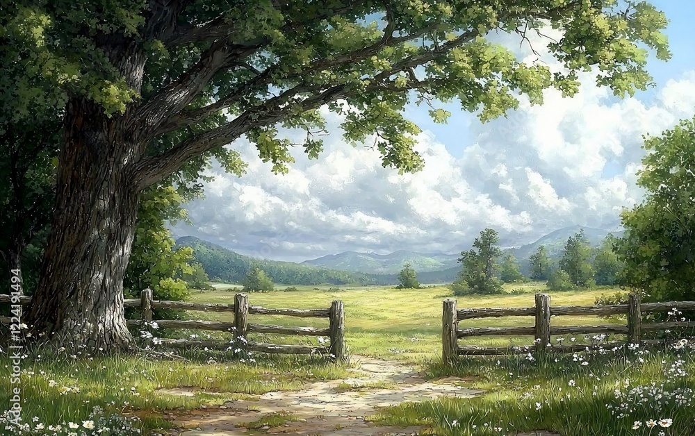 Scenic rural landscape with a large tree, wooden fence, and a path leading to a valley. Scenic rural landscape with a large tree, wooden fence, and a path leading to a valley.